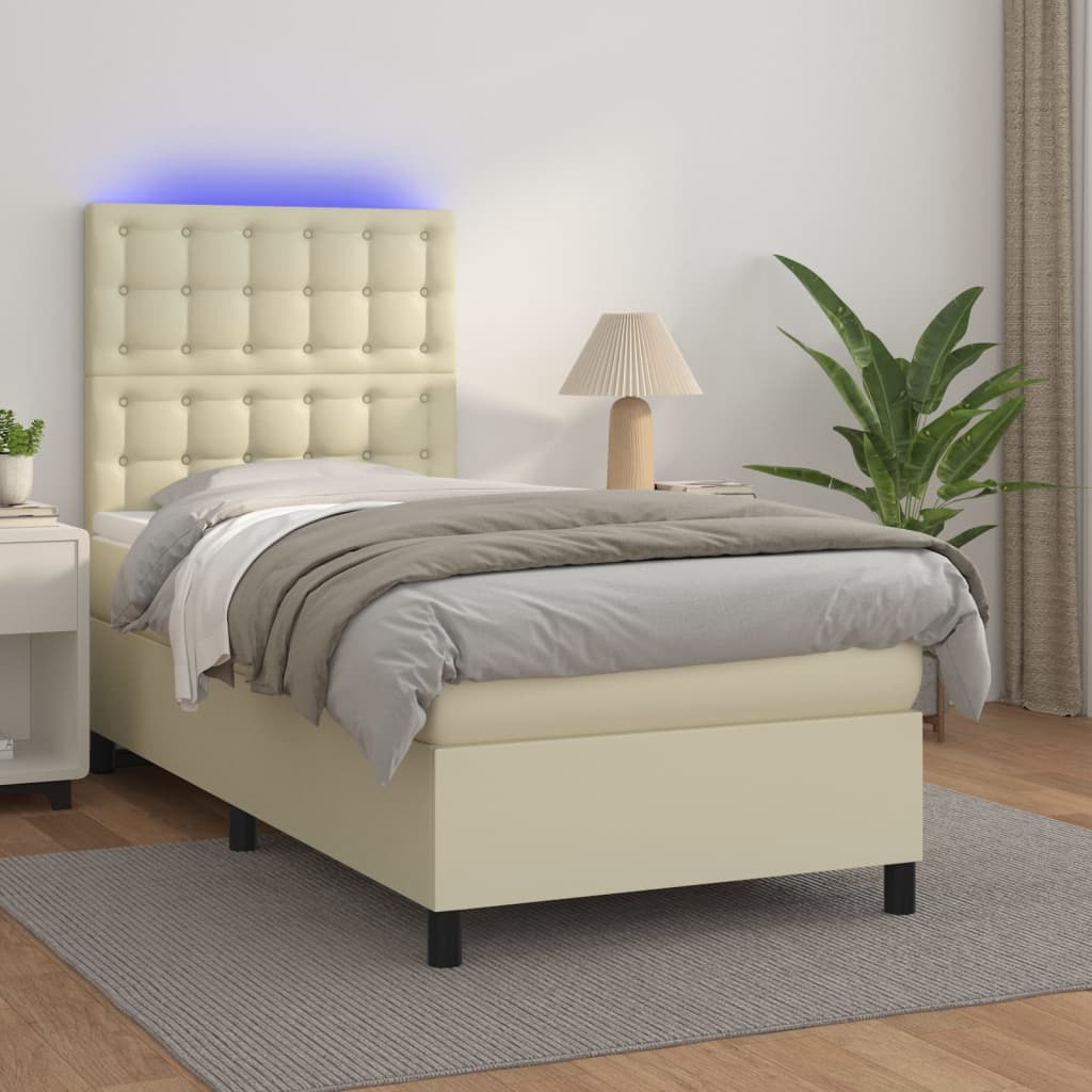 Box Spring Postel S Matrací A Led Krémová 90X190 Cm Umělá Kůže