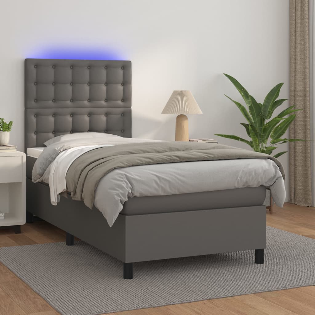 Box Spring Postel S Matrací A Led Šedá Umělá Kůže Šedá