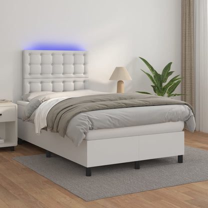 Box Spring Postel S Matrací A Led Umělá Kůže Bílá