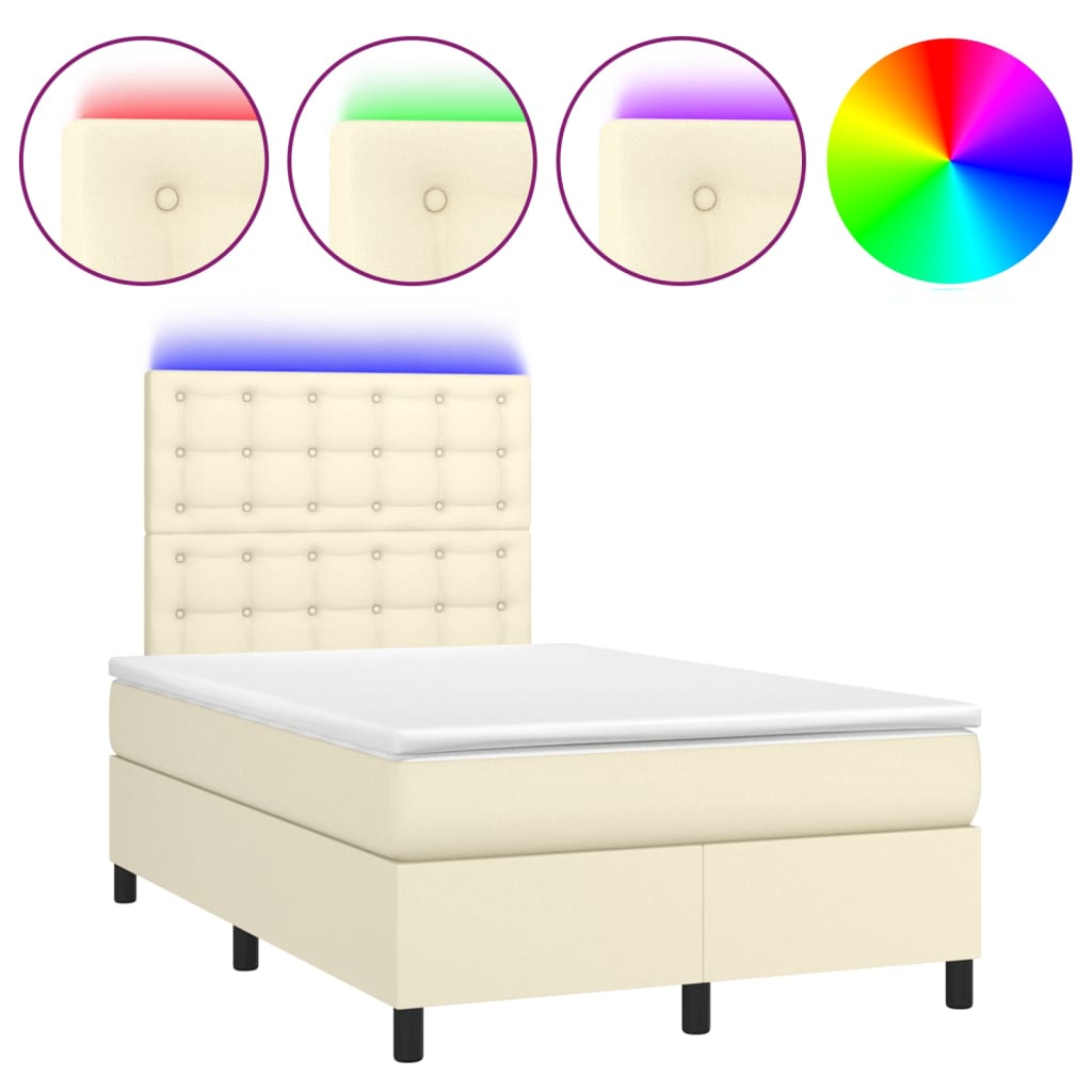 Box Spring Postel S Matrací A Led Krémová 120X200 Cm Umělá Kůže