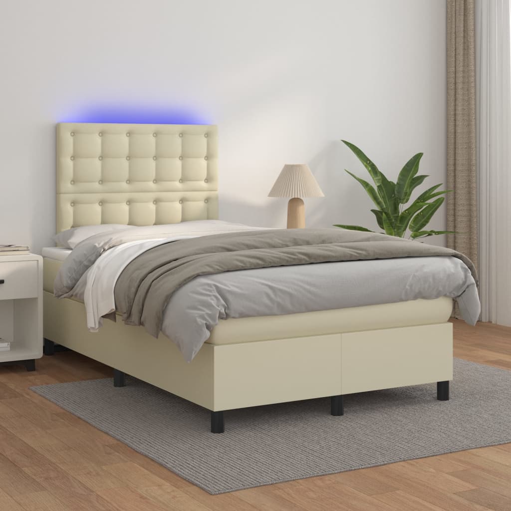 Box Spring Postel S Matrací A Led Krémová 120X200 Cm Umělá Kůže