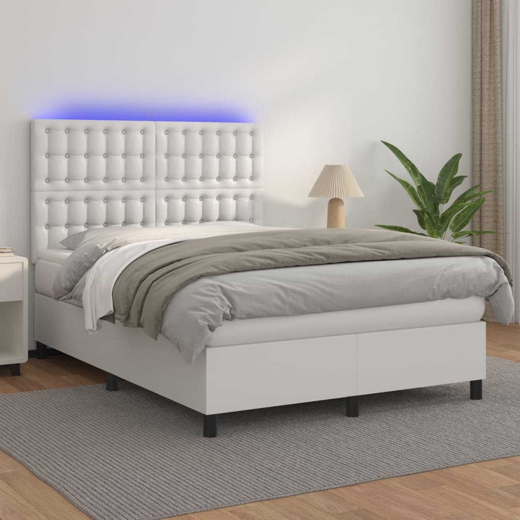 Box Spring Postel S Matrací A Led Umělá Kůže Bílá