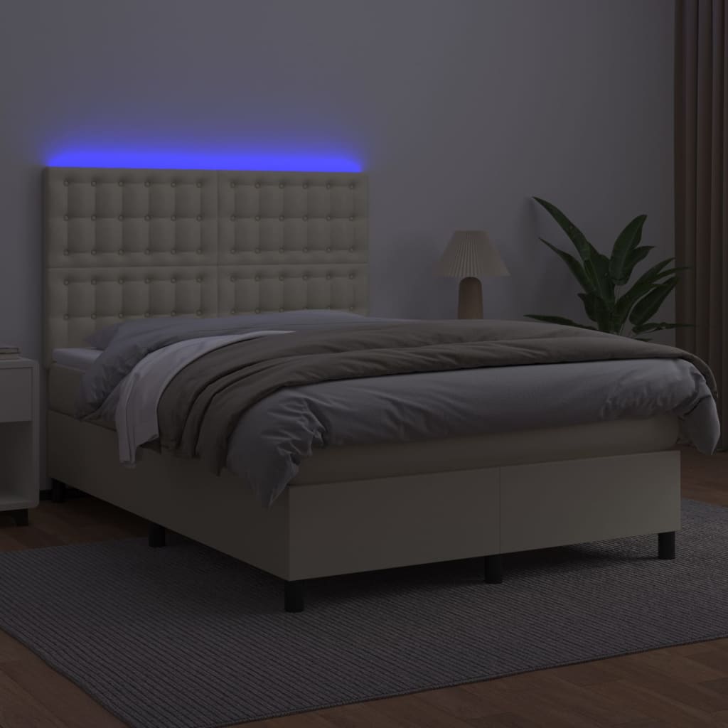 Box Spring Postel S Matrací A Led Krémová 140X190 Cm Umělá Kůže