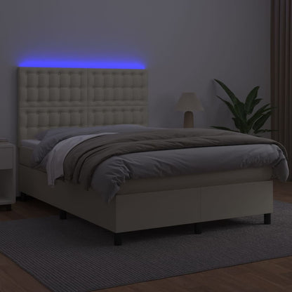 Box Spring Postel S Matrací A Led Krémová 140X190 Cm Umělá Kůže