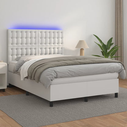Box Spring Postel S Matrací A Led Umělá Kůže Bílá