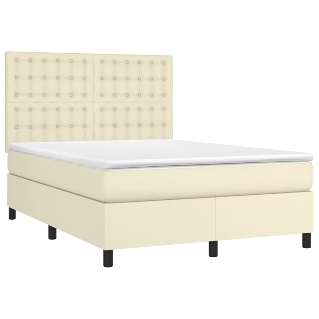 Box Spring Postel S Matrací A Led Krémová 140X200 Cm Umělá Kůže