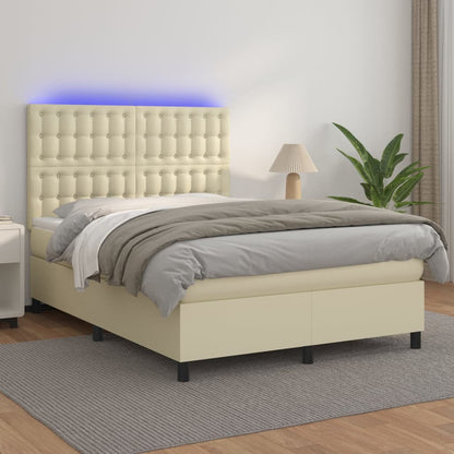 Box Spring Postel S Matrací A Led Krémová 140X200 Cm Umělá Kůže