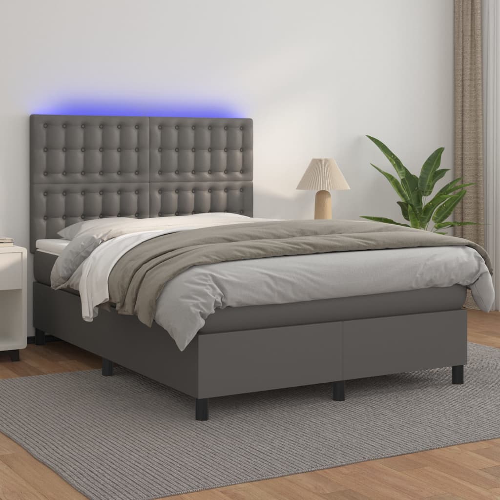 Box Spring Postel S Matrací A Led Šedá Umělá Kůže Šedá