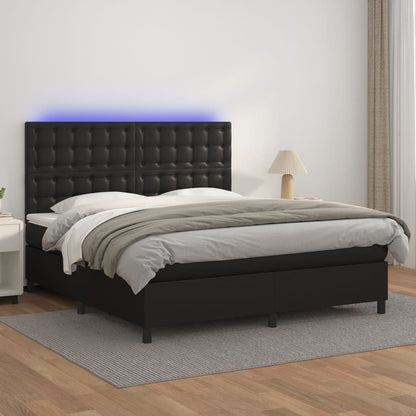 Box Spring Postel S Matrací A Led Černá Umělá Kůže Černá