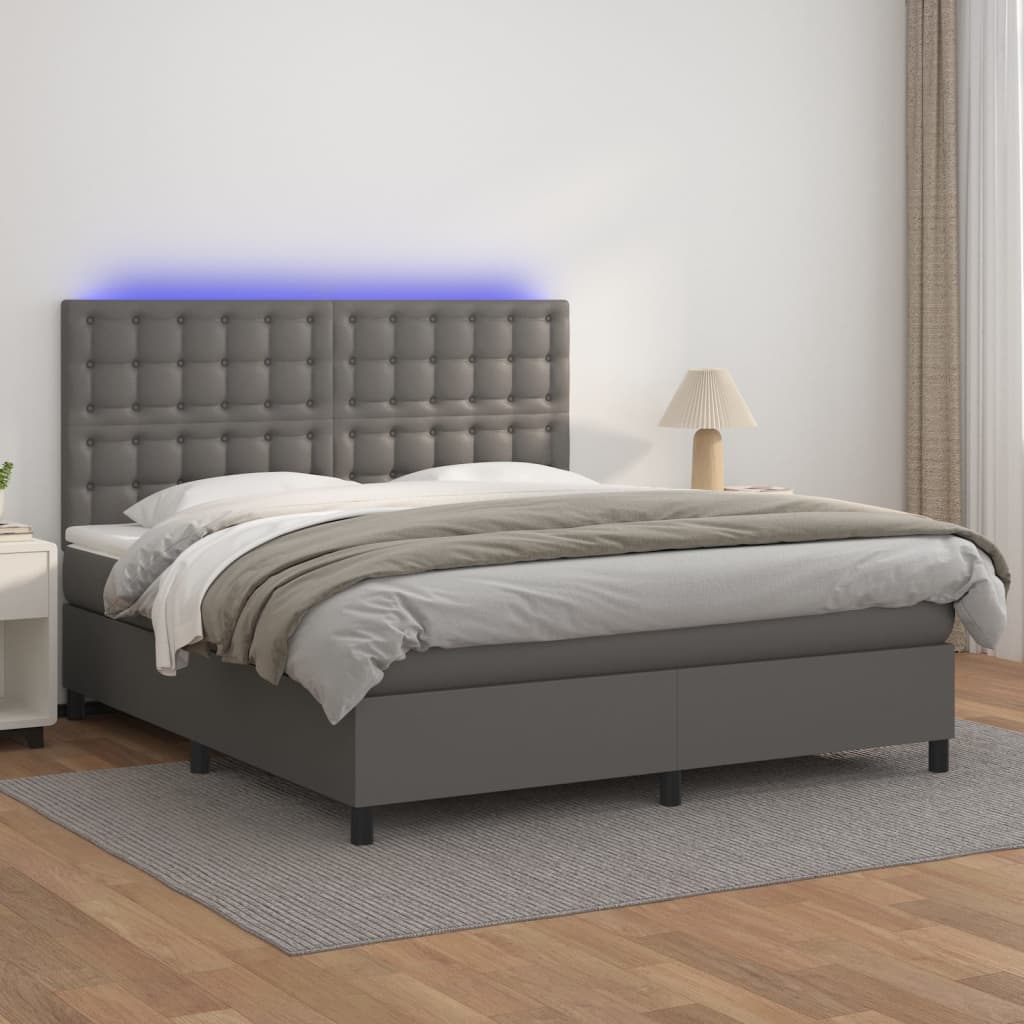 Box Spring Postel S Matrací A Led Šedá Umělá Kůže Šedá