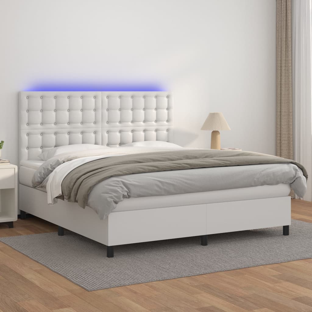 Box Spring Postel S Matrací A Led Umělá Kůže Bílá