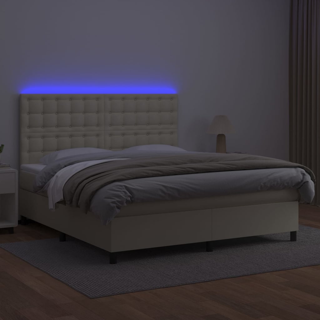 Box Spring Postel S Matrací A Led Krémová 180X200Cm Umělá Kůže