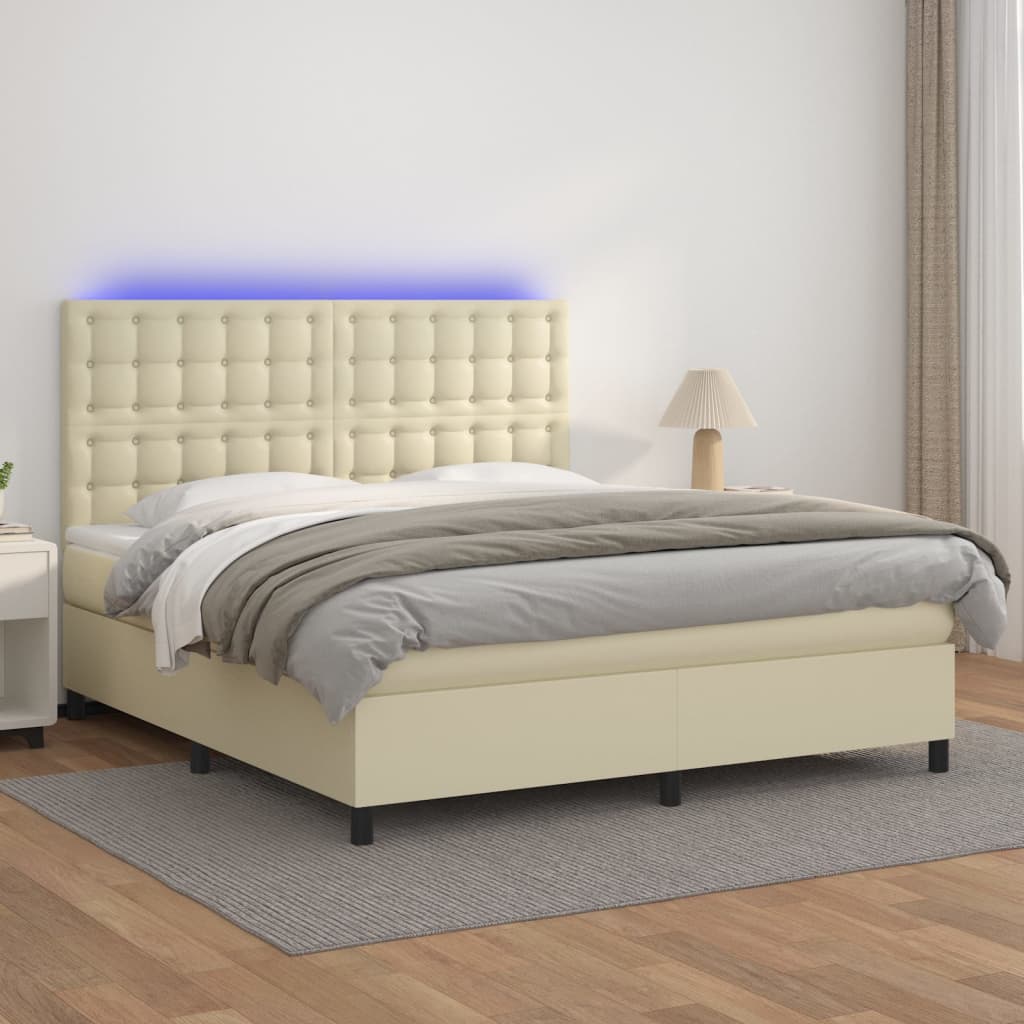 Box Spring Postel S Matrací A Led Krémová 180X200Cm Umělá Kůže