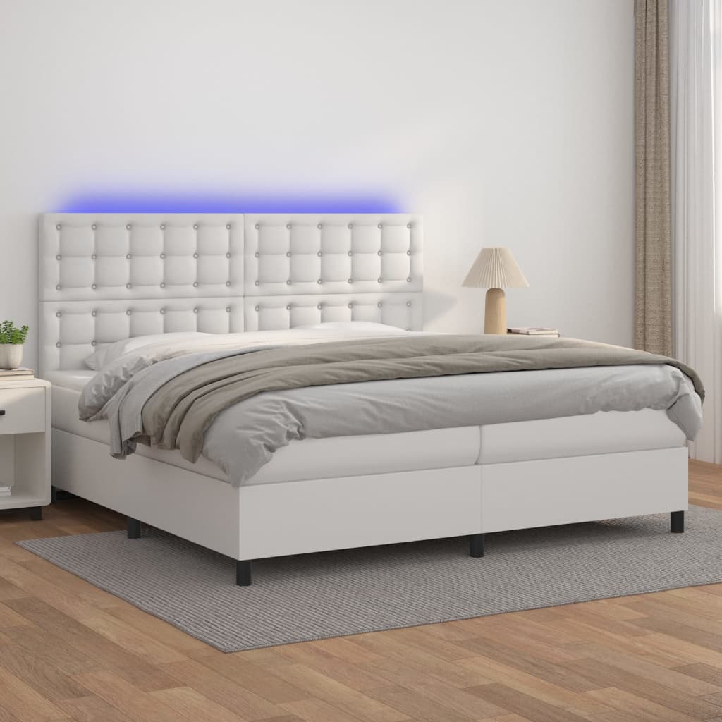 Box Spring Postel S Matrací A Led Umělá Kůže Bílá