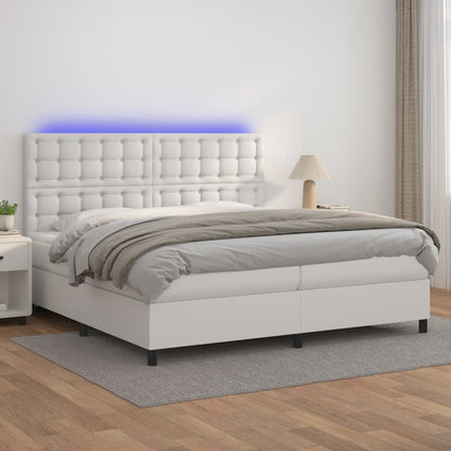 Box Spring Postel S Matrací A Led Umělá Kůže Bílá
