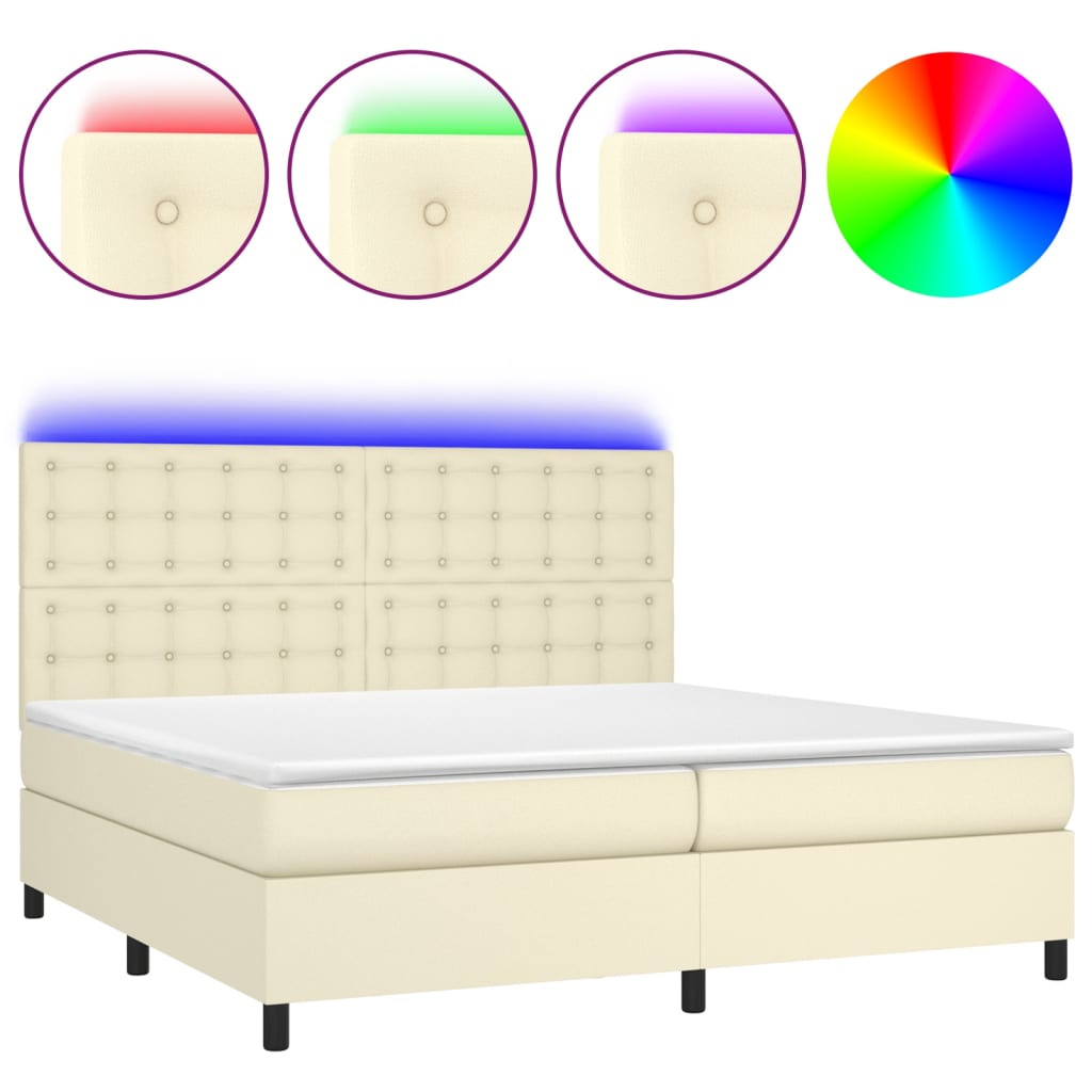 Box Spring Postel S Matrací A Led Krémová 200X200 Cm Umělá Kůže