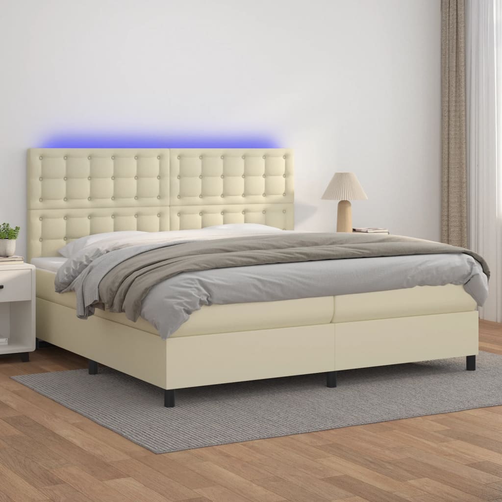 Box Spring Postel S Matrací A Led Krémová 200X200 Cm Umělá Kůže