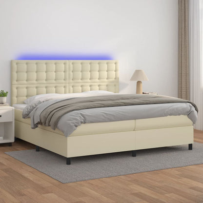 Box Spring Postel S Matrací A Led Krémová 200X200 Cm Umělá Kůže
