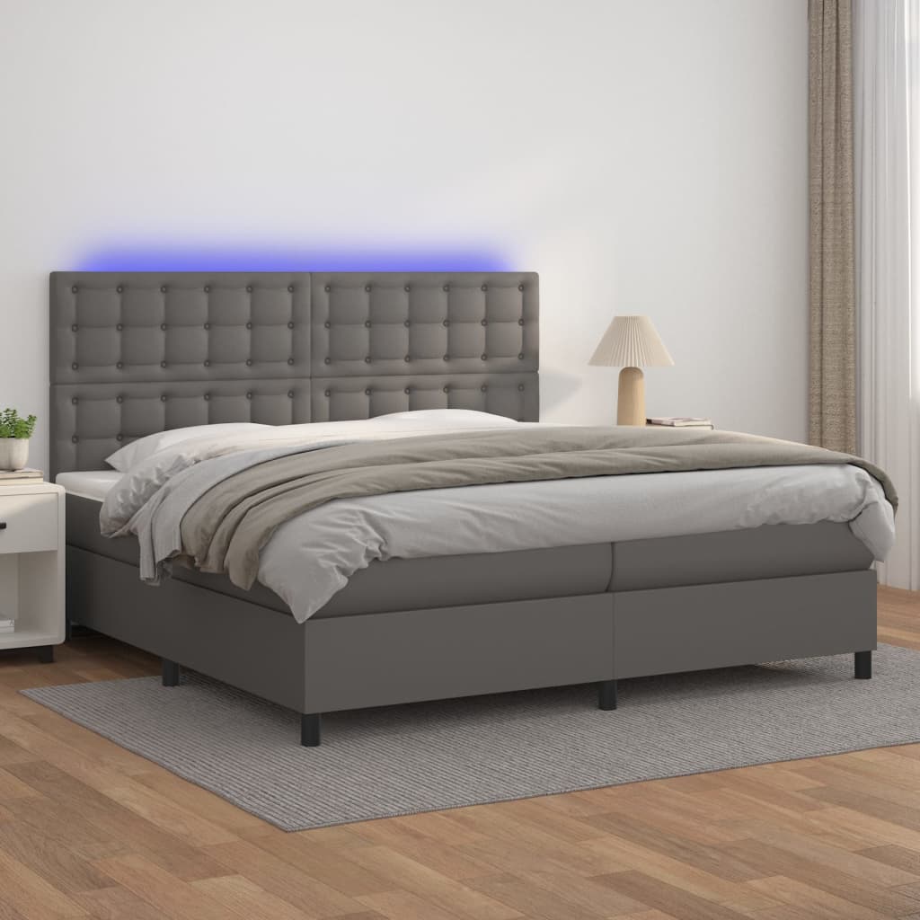 Box Spring Postel S Matrací A Led Šedá Umělá Kůže Šedá