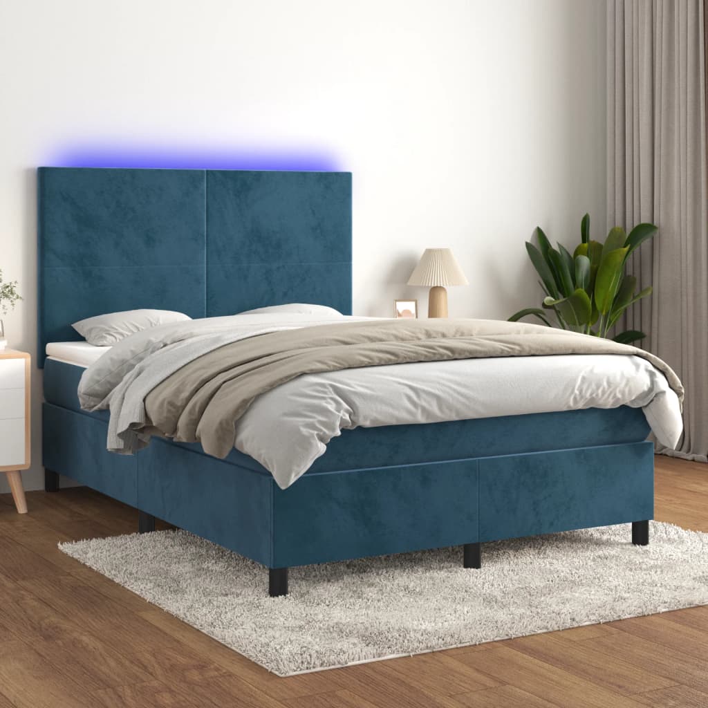Box Spring Postel S Matrací A Led Tmavě Modrá Samet Tmavě Moddrá