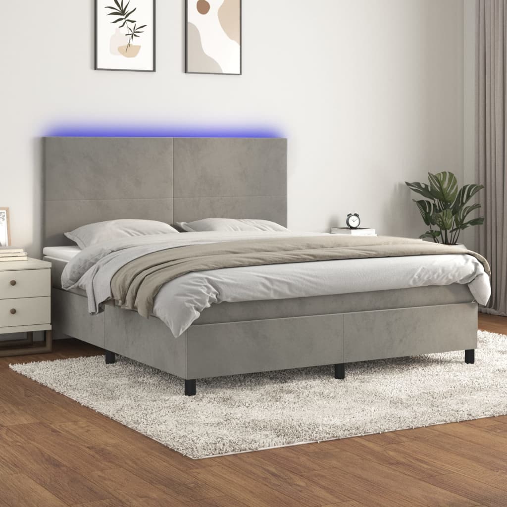 Box Spring Postel S Matrací A Led Samet Světle Šedá