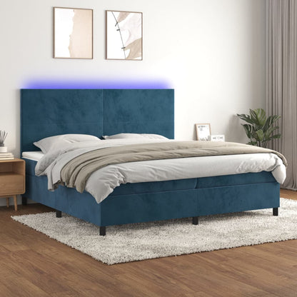 Box Spring Postel S Matrací A Led Tmavě Modrá Samet Tmavě Moddrá