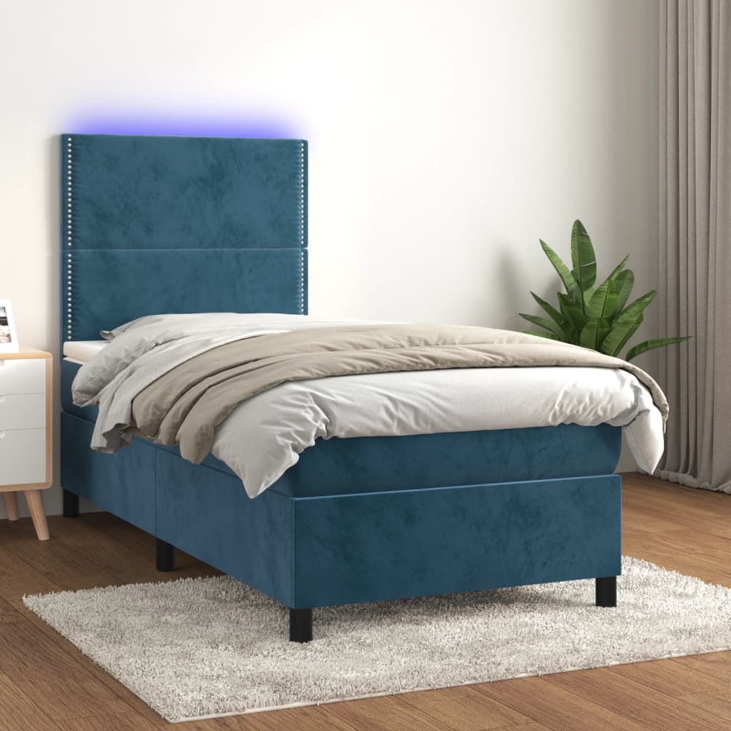Box Spring Postel S Matrací A Led Tmavě Modrá Samet Tmavě Moddrá