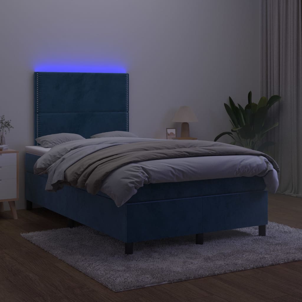 Box Spring Postel S Matrací A Led Tmavě Modrá Samet Tmavě Moddrá