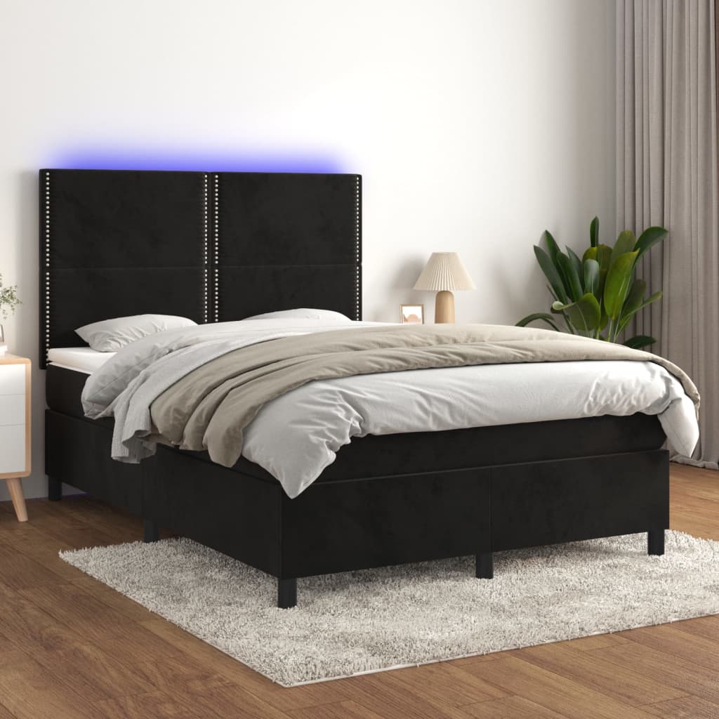 Box Spring Postel S Matrací A Led Černá Samet Černá