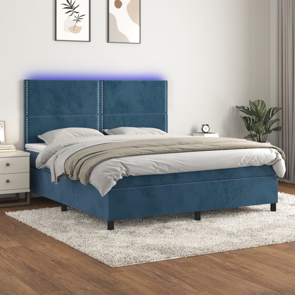 Box Spring Postel S Matrací A Led Tmavě Modrá Samet Tmavě Moddrá