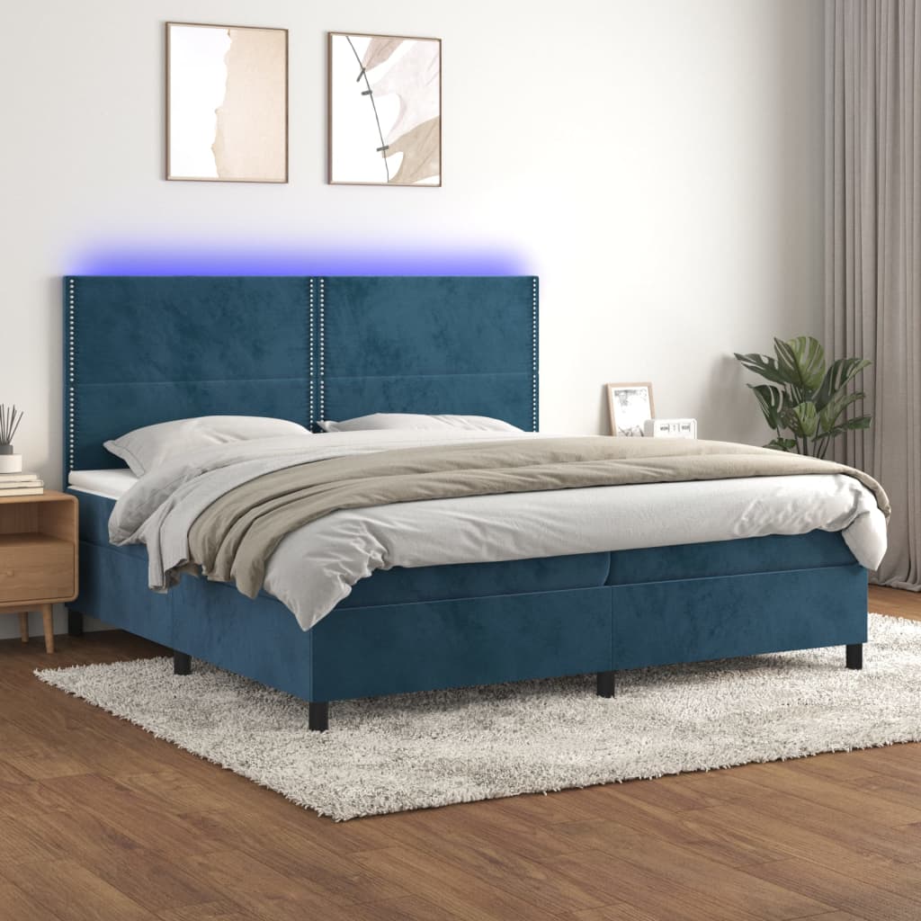 Box Spring Postel S Matrací A Led Tmavě Modrá Samet Tmavě Moddrá