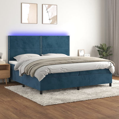Box Spring Postel S Matrací A Led Tmavě Modrá Samet Tmavě Moddrá