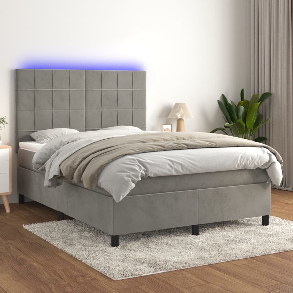 Box Spring Postel S Matrací A Led Samet Světle Šedá