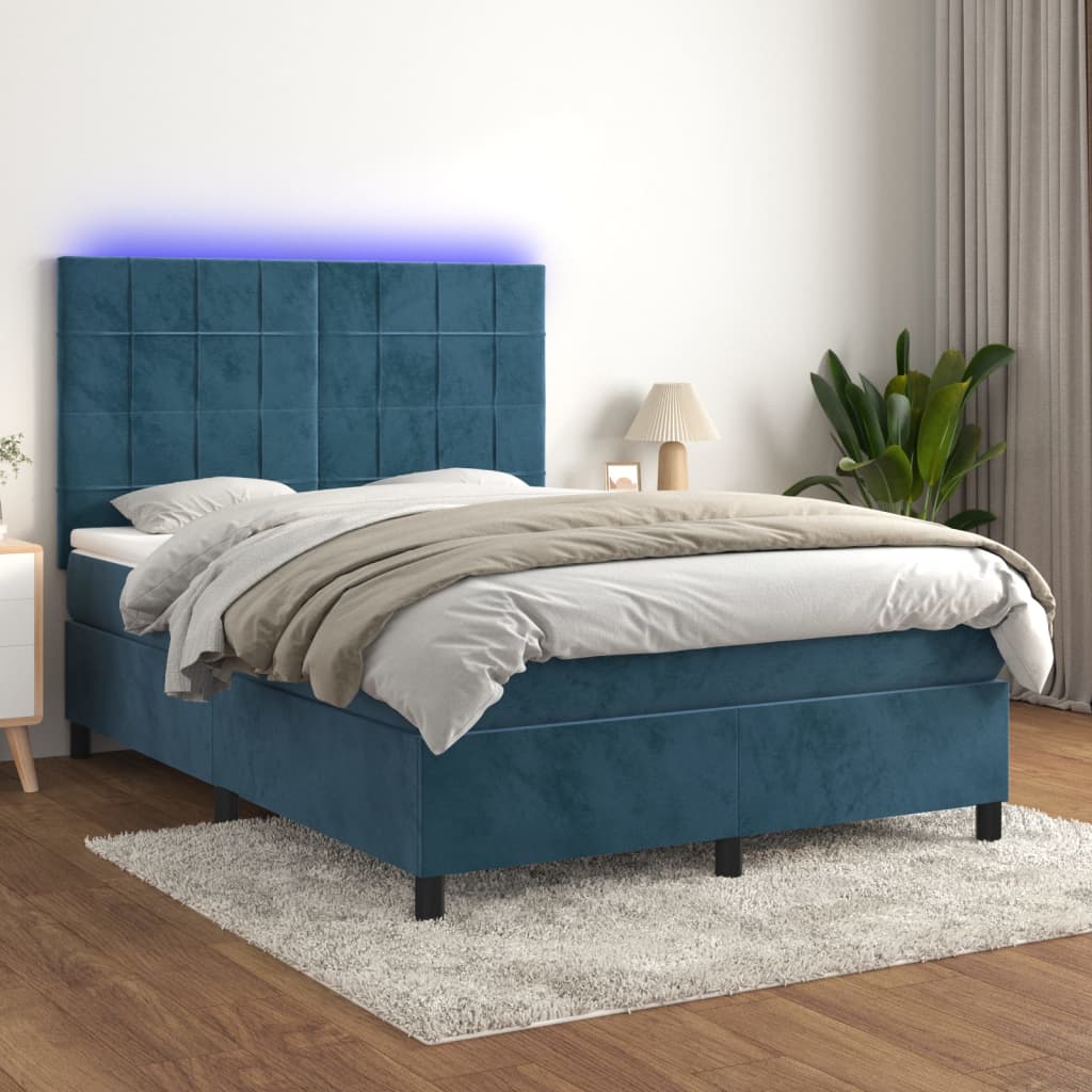 Box Spring Postel S Matrací A Led Tmavě Modrá Samet Tmavě Moddrá