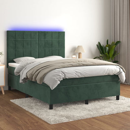 Box Spring Postel S Matrací A Led Samet Tmavě Zelená