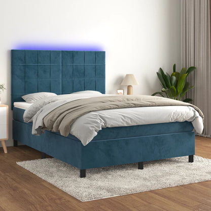Box Spring Postel S Matrací A Led Tmavě Modrá Samet Tmavě Moddrá