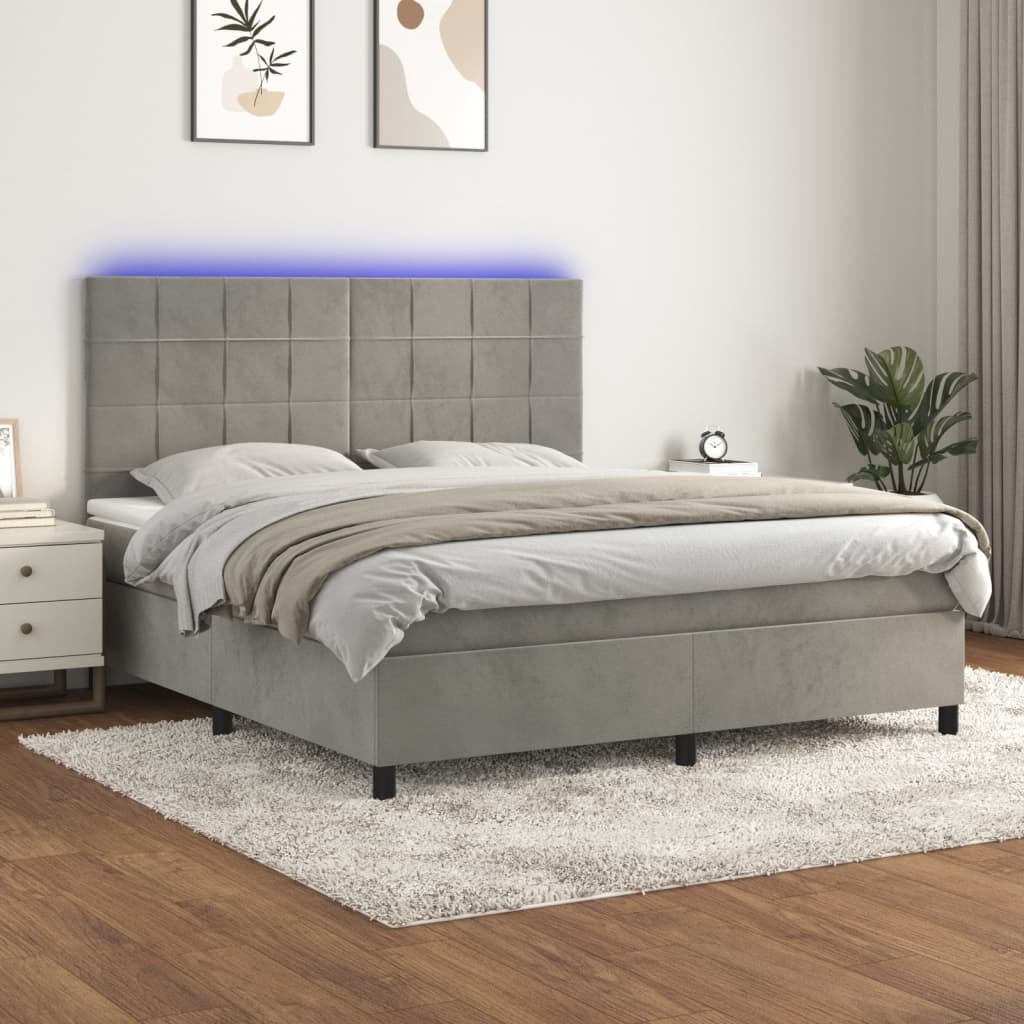 Box Spring Postel S Matrací A Led Samet Světle Šedá