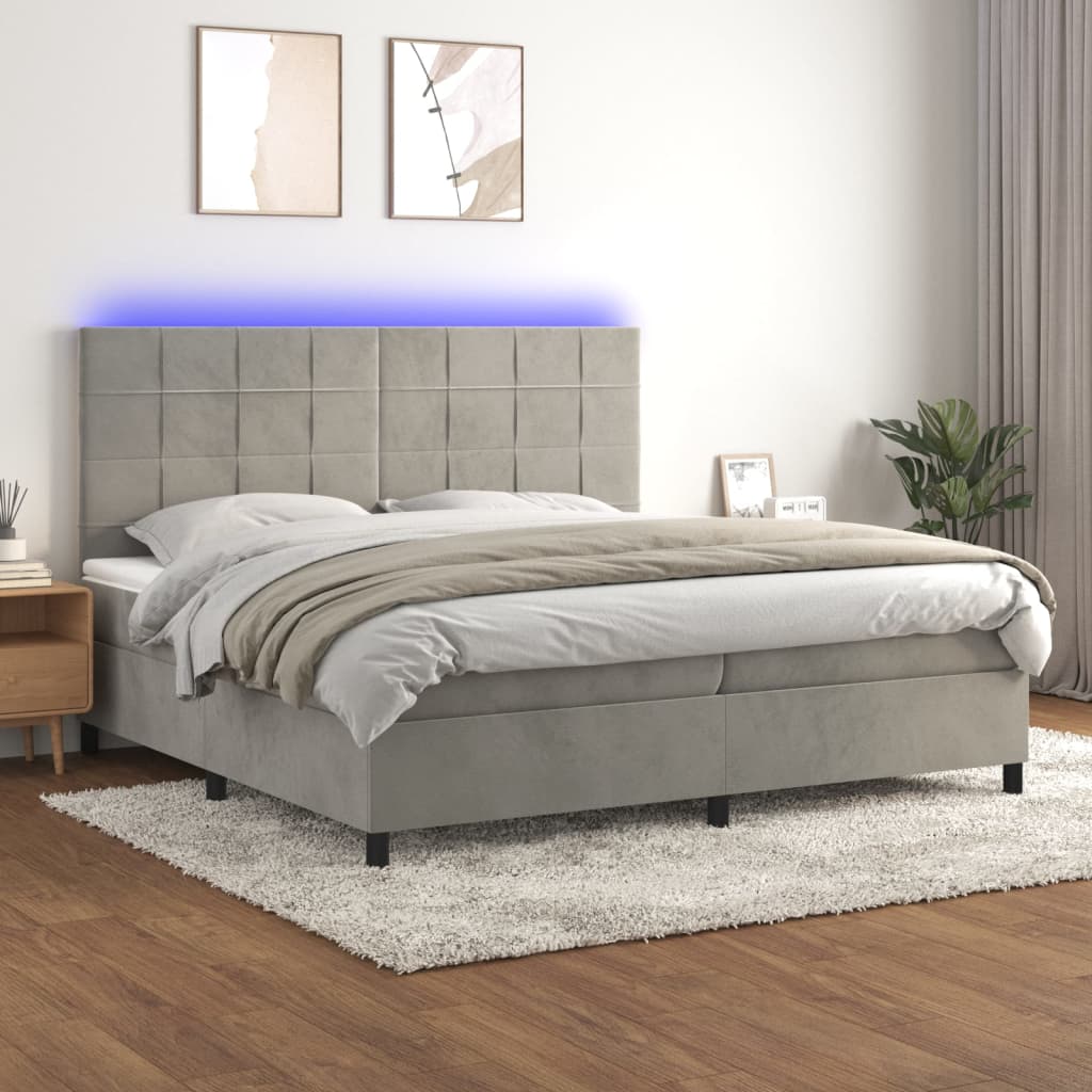 Box Spring Postel S Matrací A Led Samet Světle Šedá