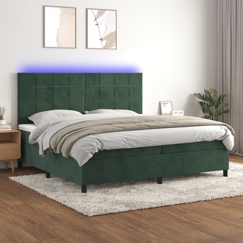 Box Spring Postel S Matrací A Led Samet Tmavě Zelená