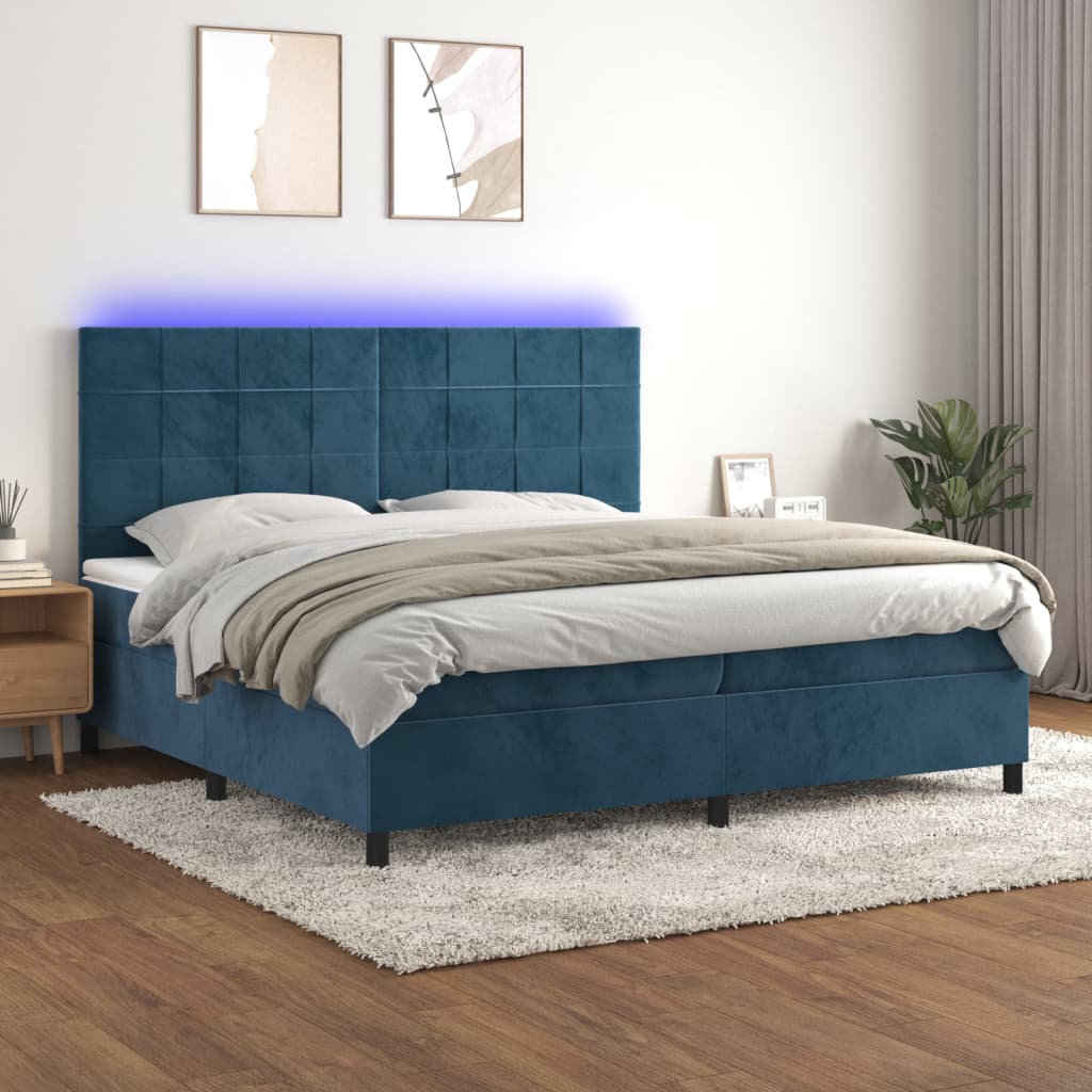Box Spring Postel S Matrací A Led Tmavě Modrá Samet Tmavě Moddrá