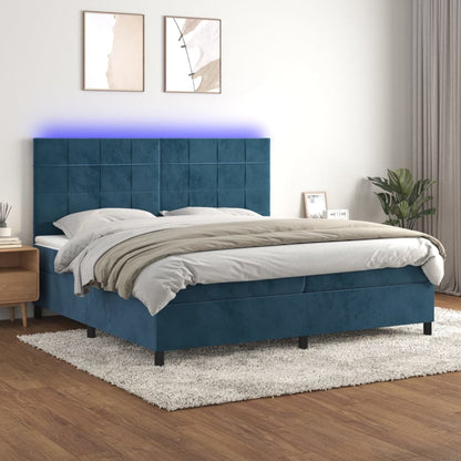 Box Spring Postel S Matrací A Led Tmavě Modrá Samet Tmavě Moddrá