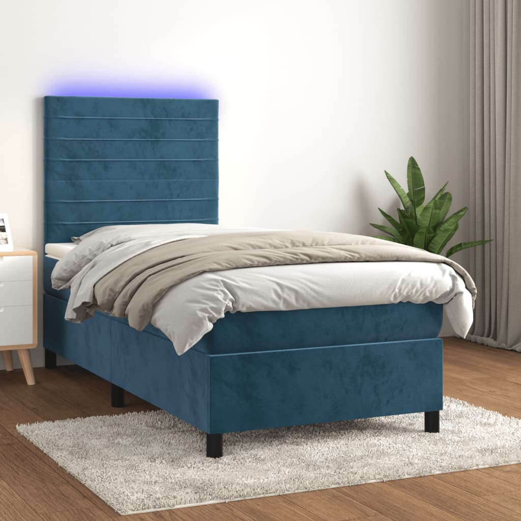 Box Spring Postel S Matrací A Led Tmavě Modrá Samet Tmavě Moddrá