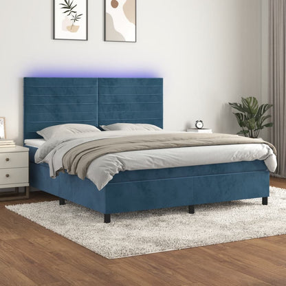 Box Spring Postel S Matrací A Led Tmavě Modrá Samet Tmavě Moddrá
