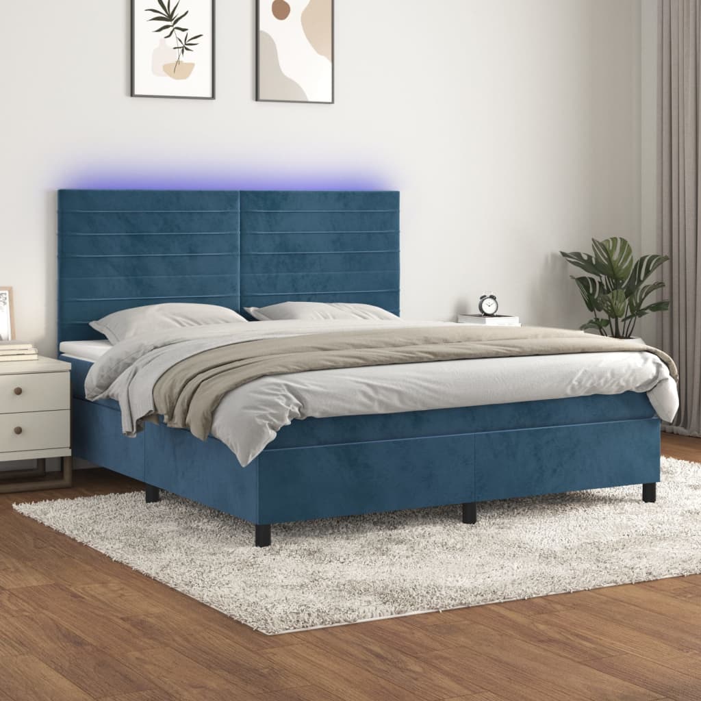 Box Spring Postel S Matrací A Led Tmavě Modrá Samet Tmavě Moddrá