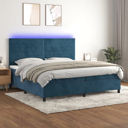 Box Spring Postel S Matrací A Led Tmavě Modrá Samet Tmavě Moddrá