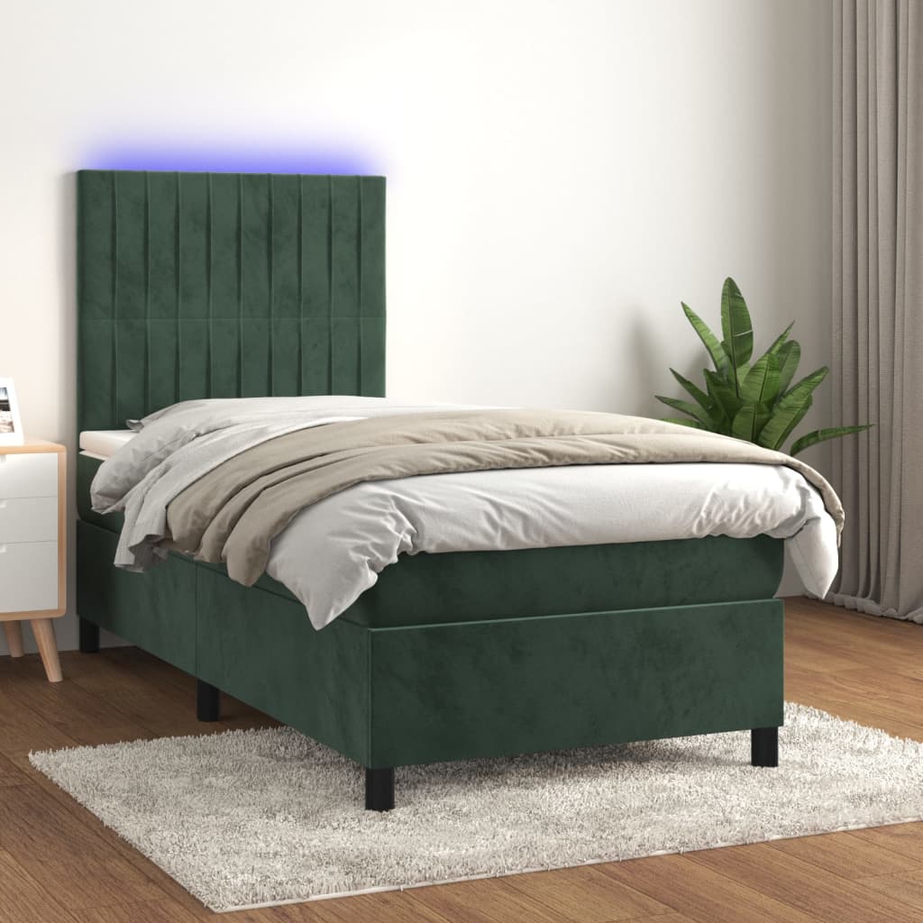 Box Spring Postel S Matrací A Led Samet Tmavě Zelená