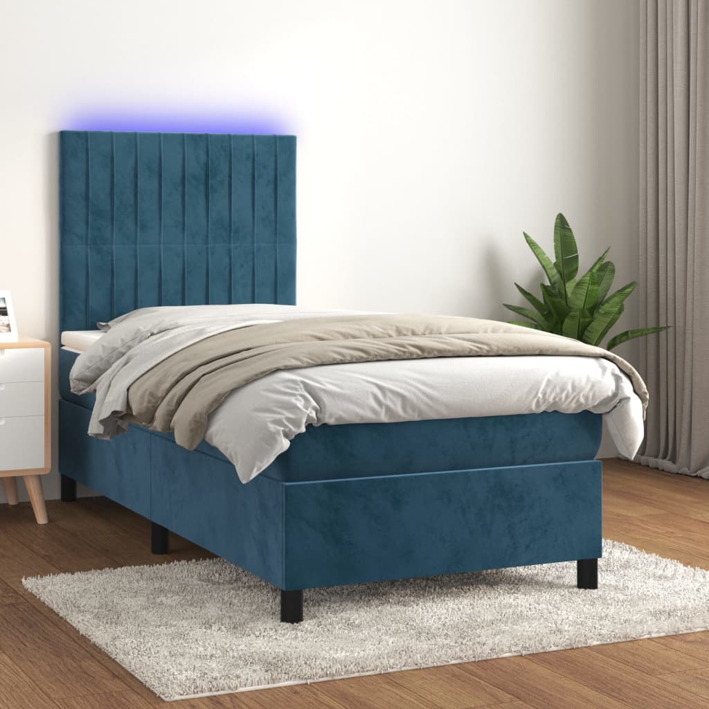 Box Spring Postel S Matrací A Led Tmavě Modrá Samet Tmavě Moddrá