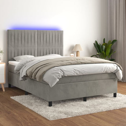 Box Spring Postel S Matrací A Led Samet Světle Šedá