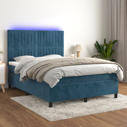 Box Spring Postel S Matrací A Led Tmavě Modrá Samet Tmavě Moddrá