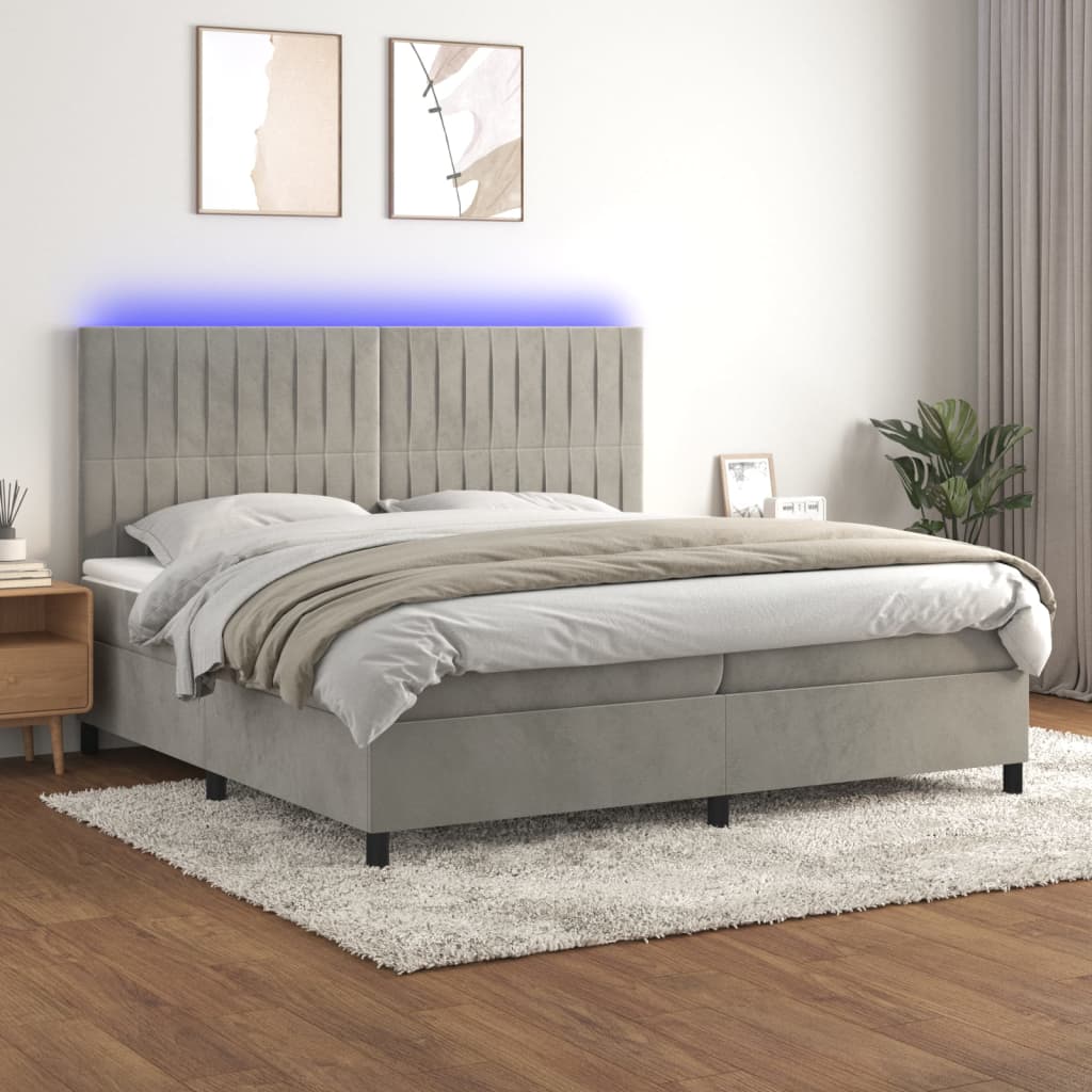 Box Spring Postel S Matrací A Led Samet Světle Šedá